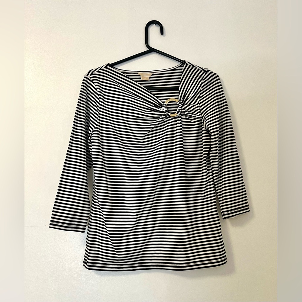 Michael Kors Women's Black and White Striped Cotton T-Shirt, Size M